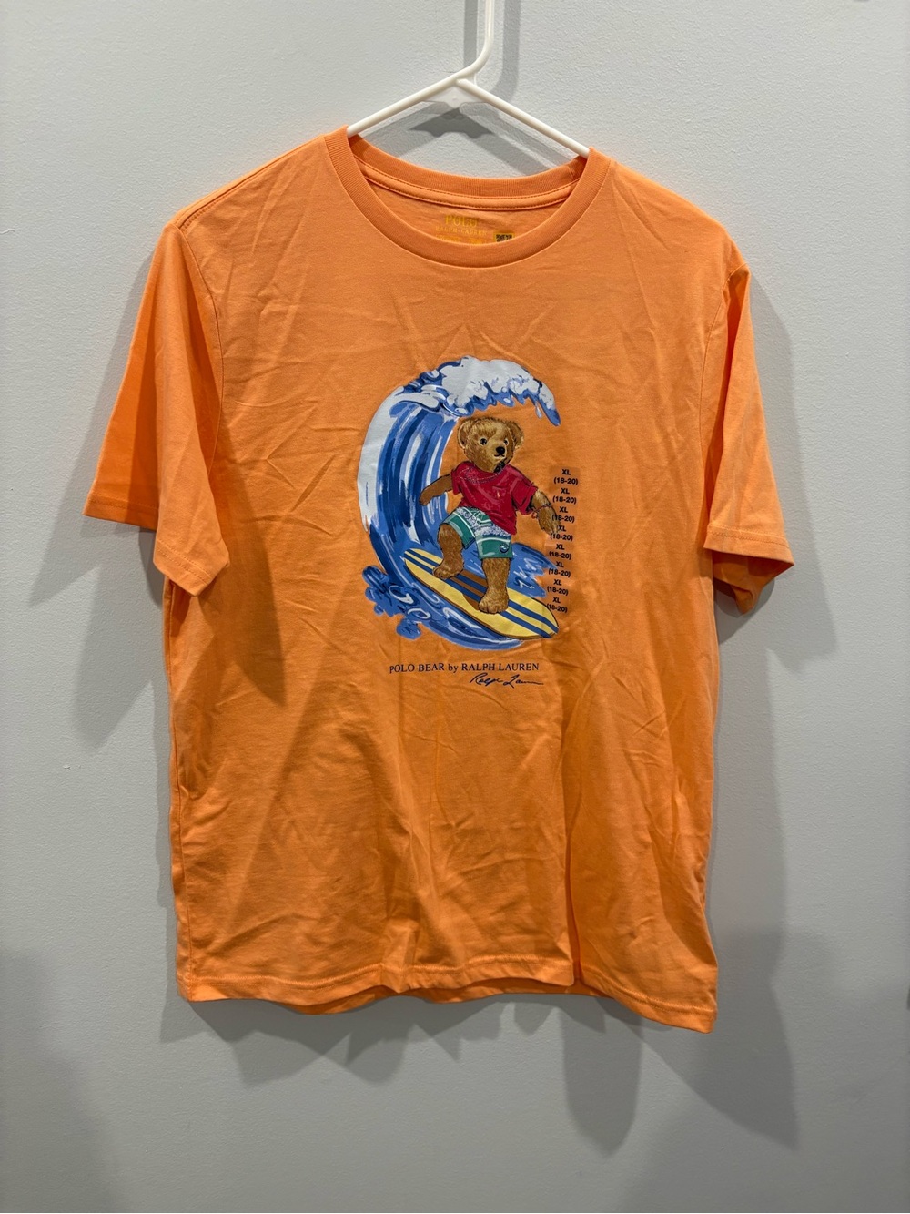 NWT Polo Ralph Lauren Boys Polo Bear Surfing T-Shirt Orange XL 18-20 $49.50